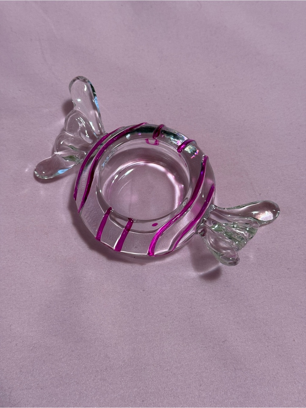 Pink-Striped Clear Glass Candy Shaped Dish or Tea Light Holder